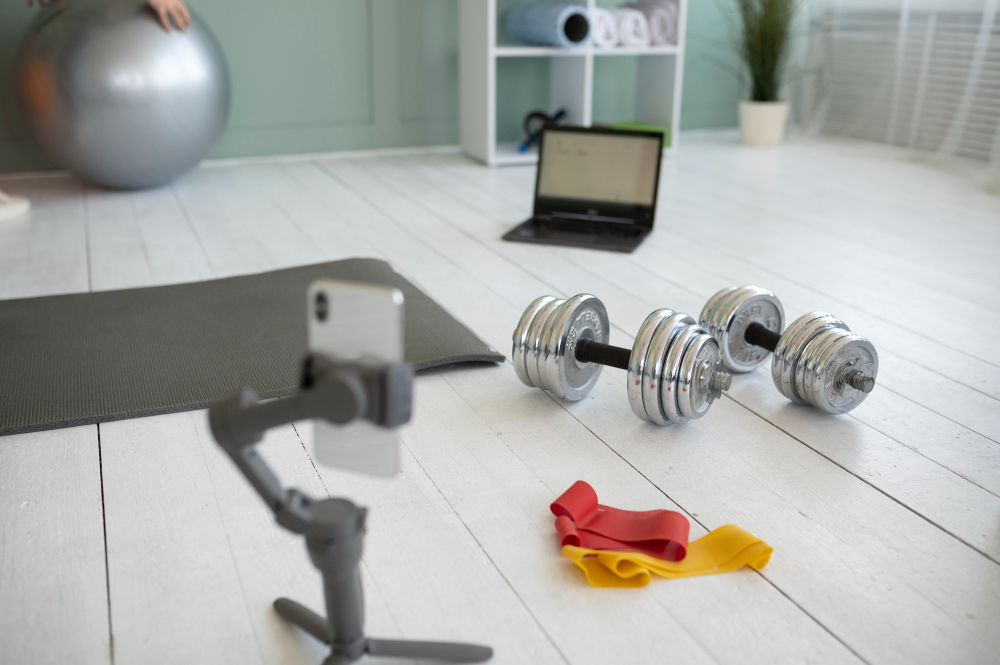 Kettlebells and dumbbells in a training area